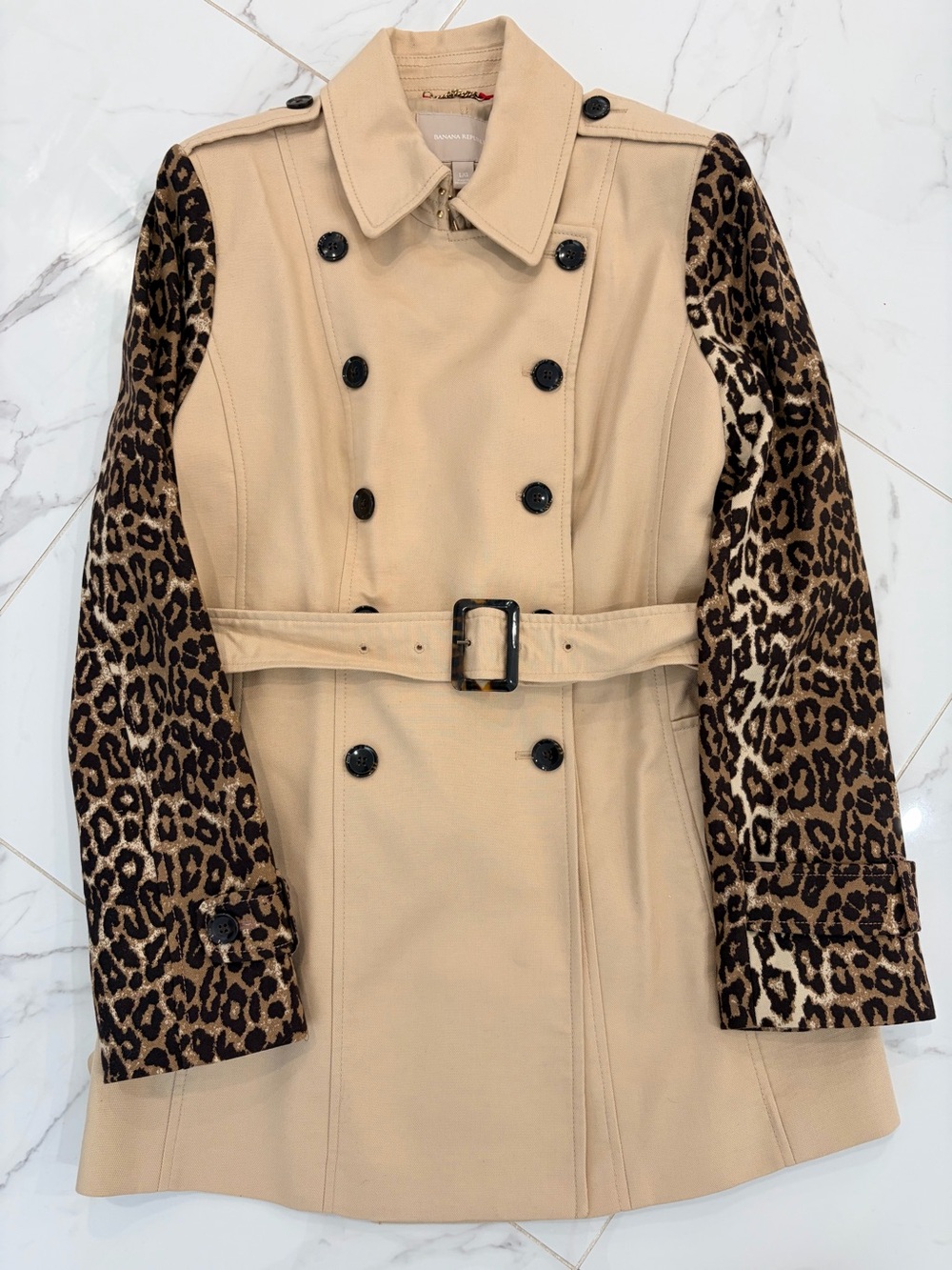 Banana Republic-Beige Trench Coat with Leopard Print Sleeves - Women's Jacket L
